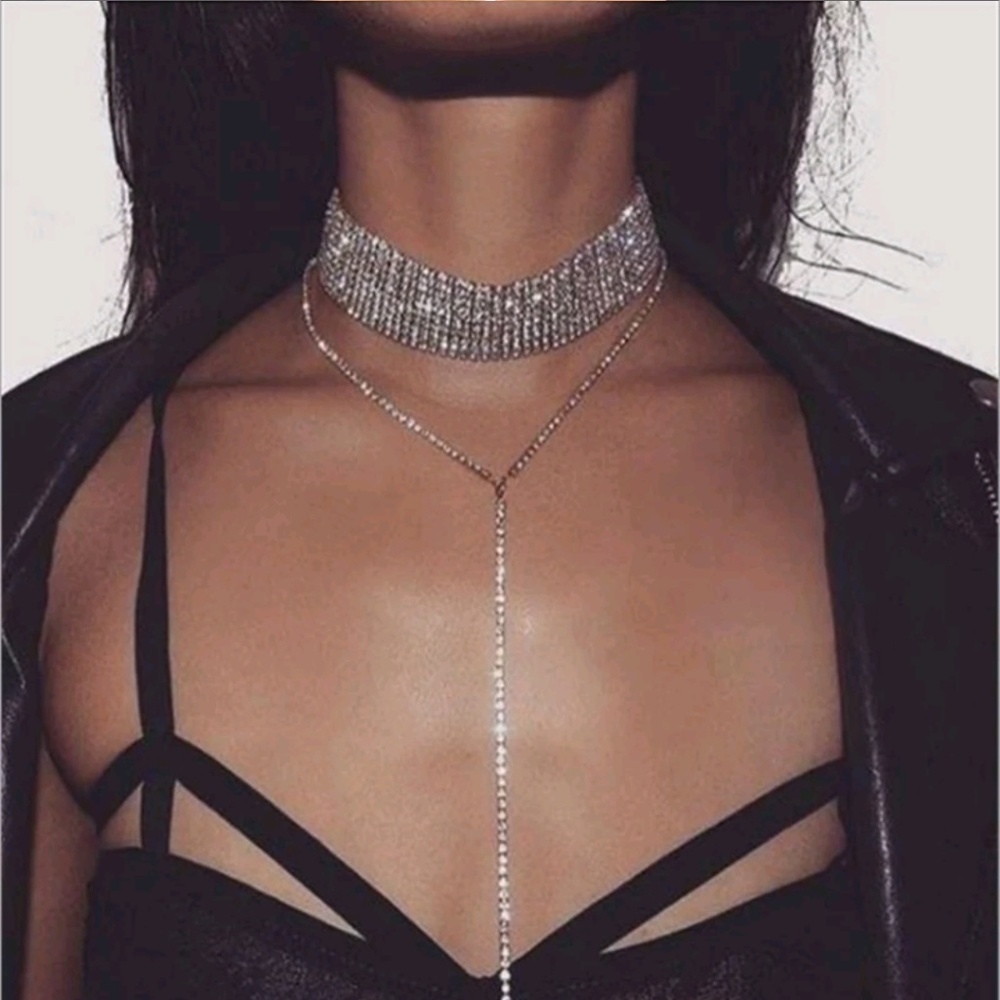 Choker Y necklace silver tone